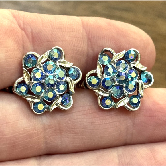 Vintage Longcraft Earrings Silver & Light Blue AB Rhinestones Round Screwbacks - Picture 2 of 6